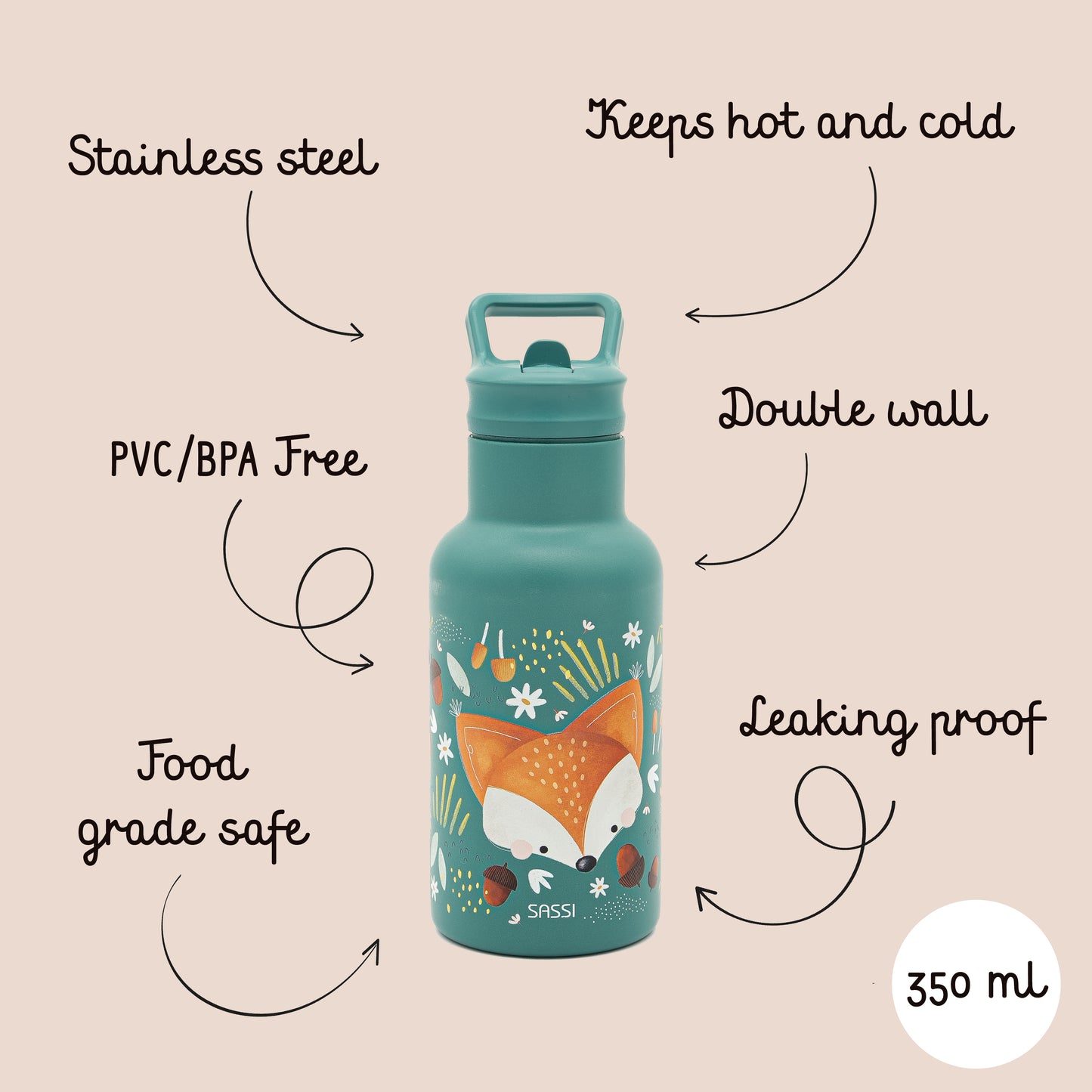 350ml Vacuum Insulated Stainless Steel Bottle - Crunchy The Fox