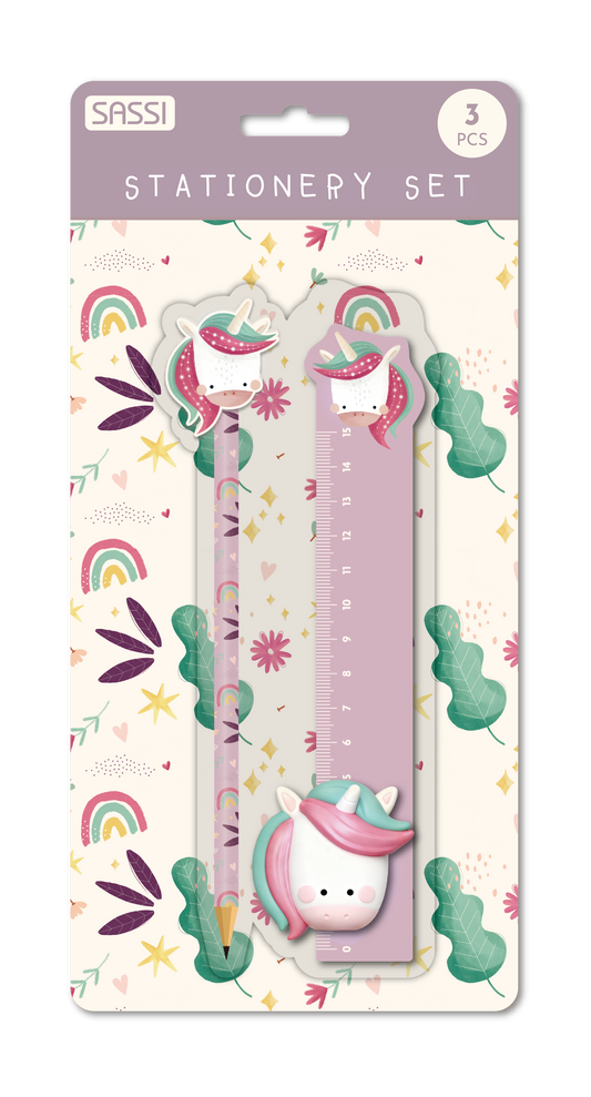 Set de útiles: lápiz, borrador, regla y tajador - Sparkly El Unicornio
